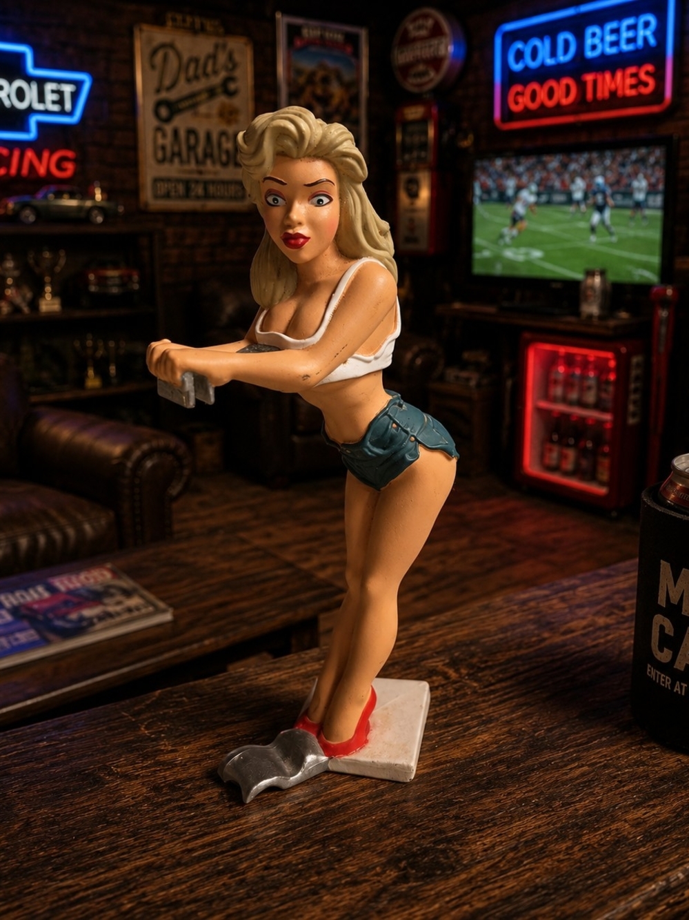 Ganz R. Demars "Bottoms Up" blonde pin-up girl beer and soda can holder Retro